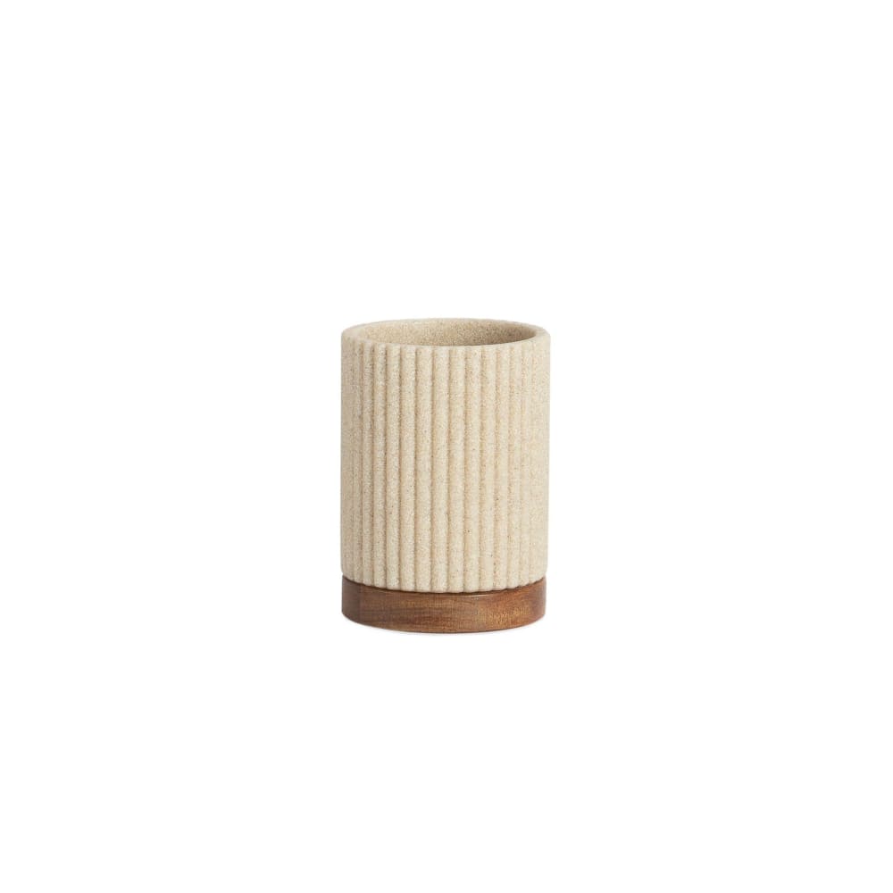 Porte brosse à dents polyrésine beige et acacia 8x8x11cm