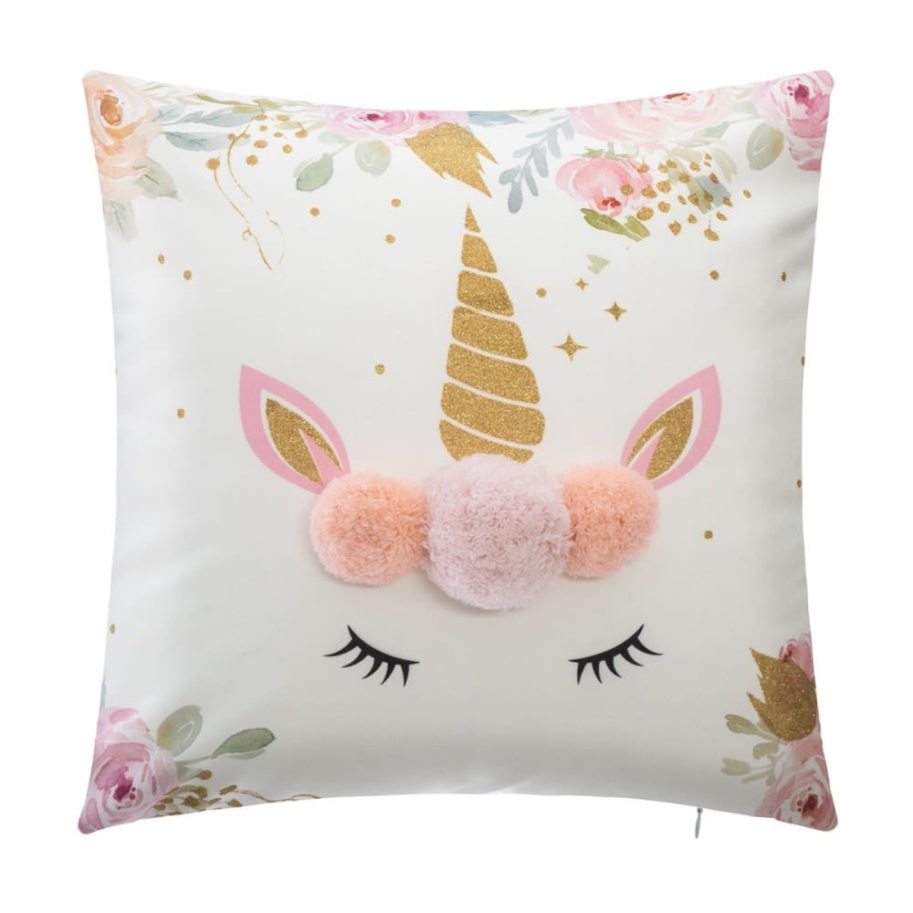 Decoratie - Coussin licorne à pompons polyester blanc 40x40cm