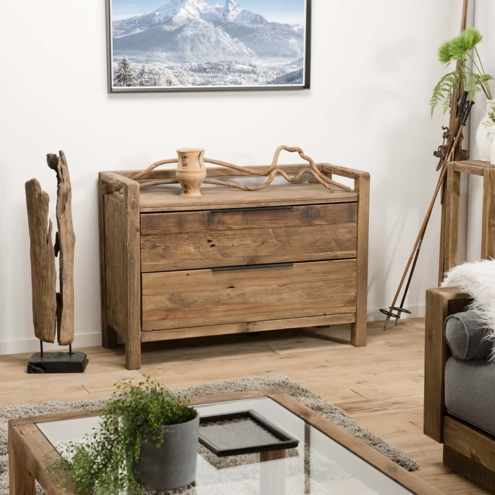 Commode 2 tiroirs en pin recyclé et poignées en métal noir