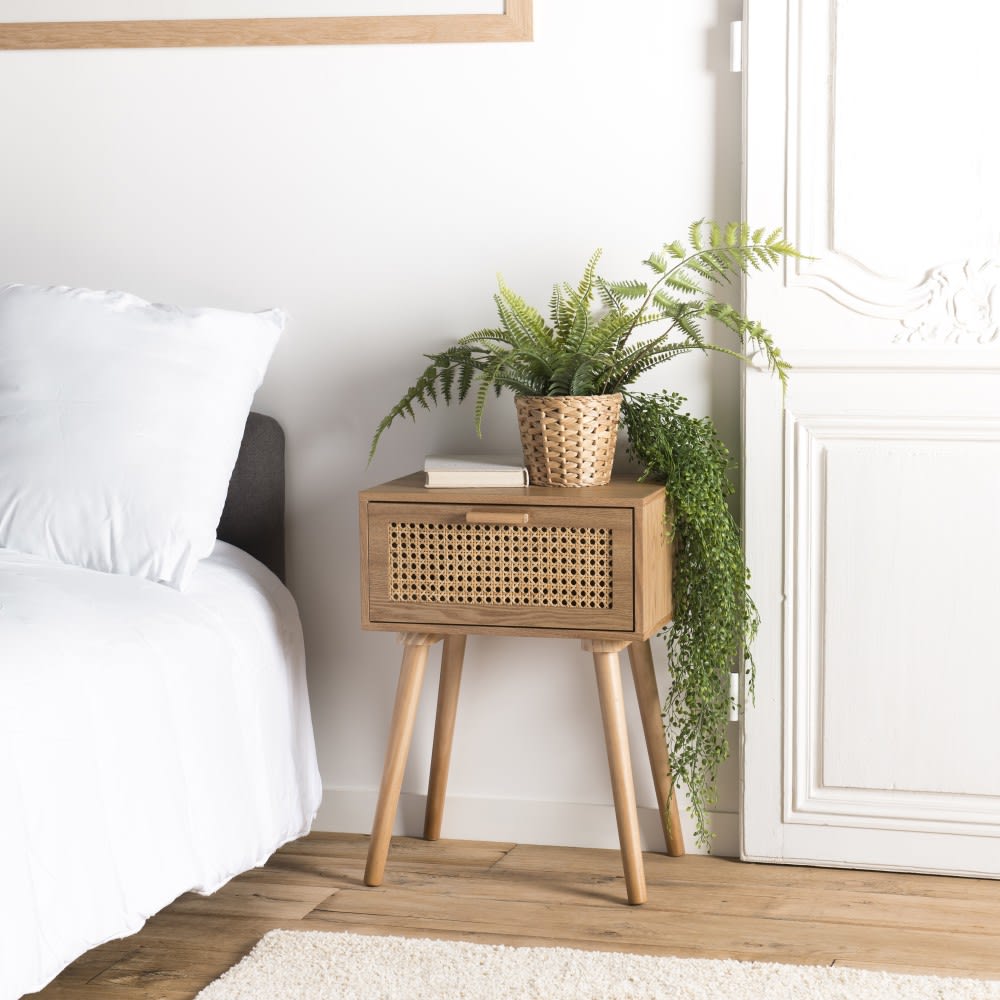 Mesa de noche de pino color natural con 1 cajón rejilla - Maisons du Monde