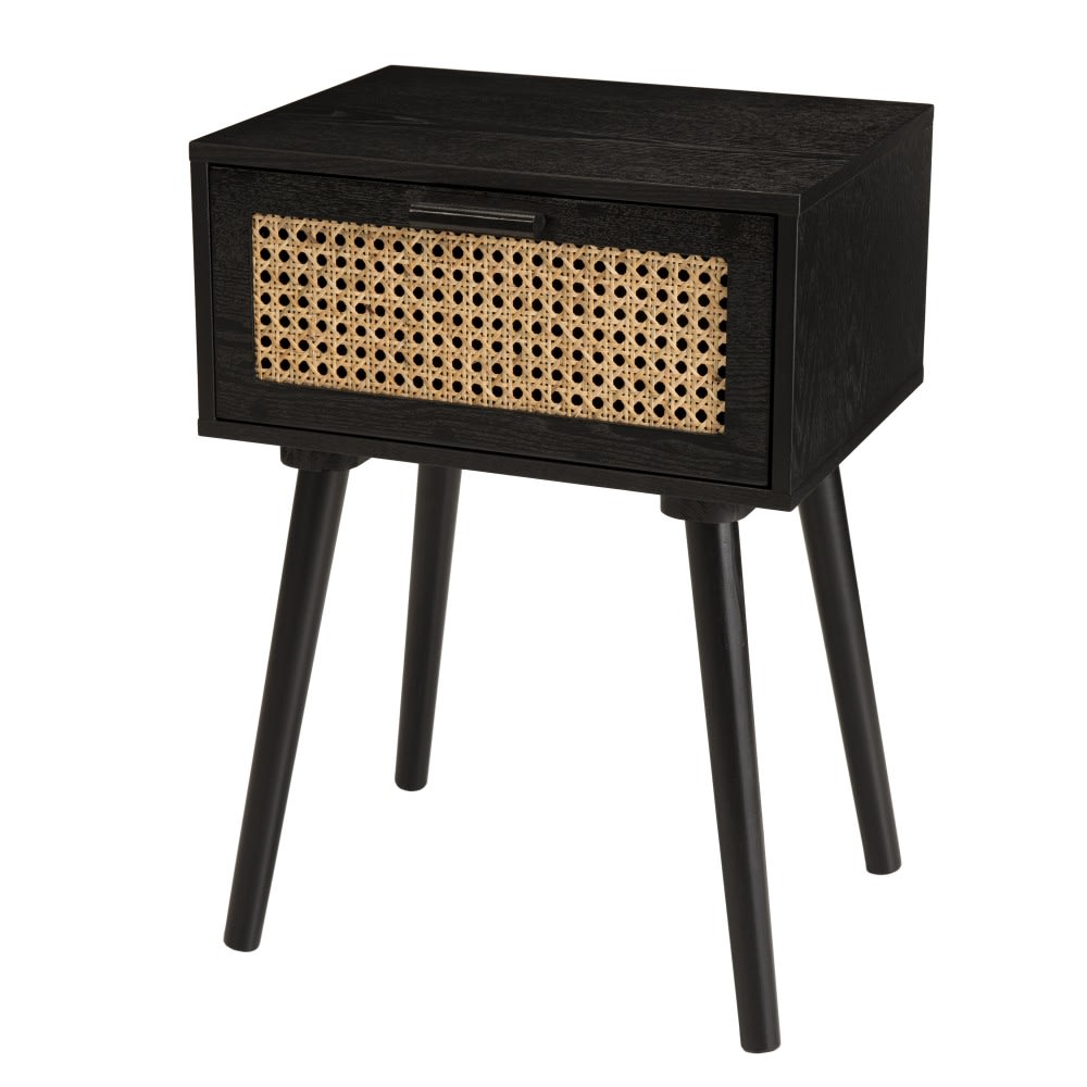 MACABANE Nachttisch aus Holz mit 1 Schublade aus schwarzem Rohrgeflecht style classic chic - Holz