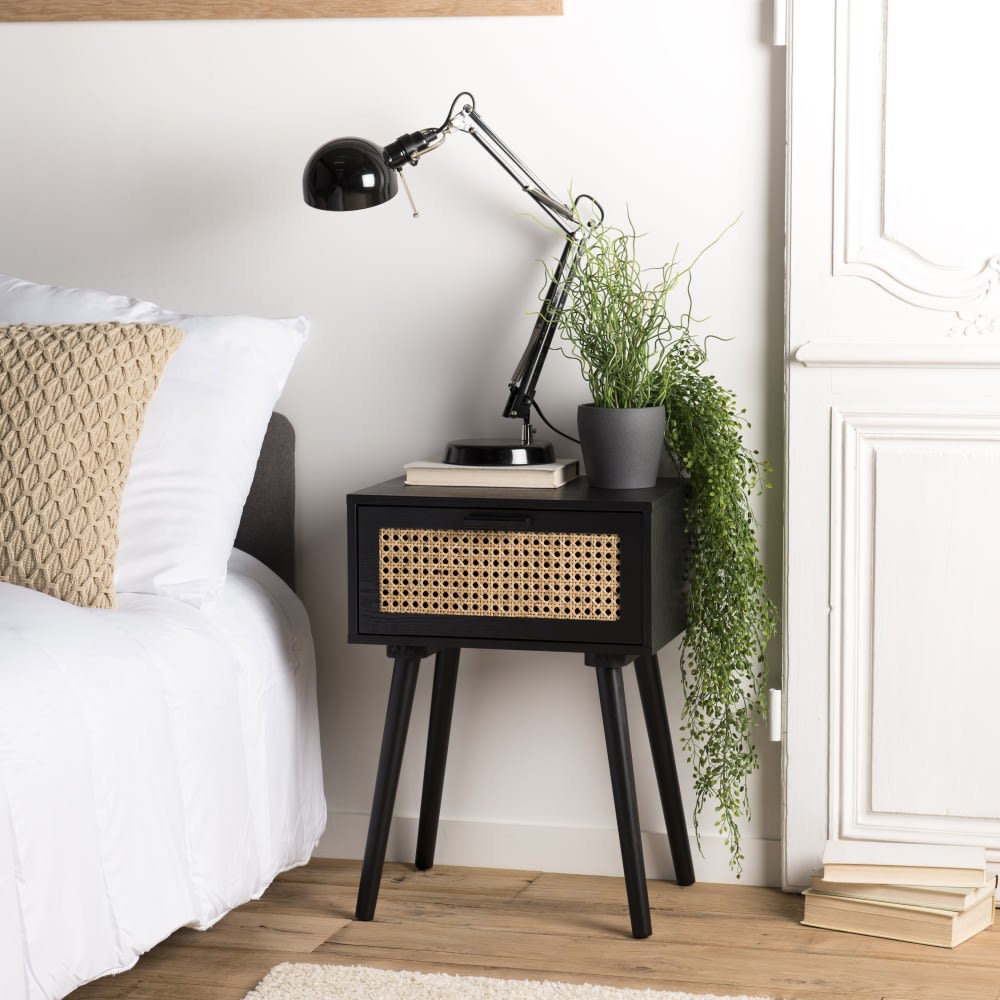 Chevet en bois 1 tiroir cannage noir - Maisons du Monde