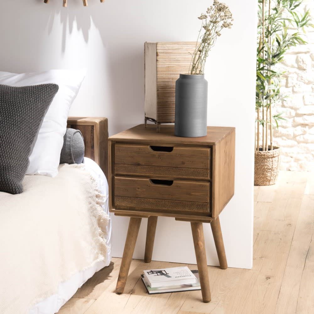 Mesa de noche escandinava madera marrón 2 cajones abeto - Maisons du Monde