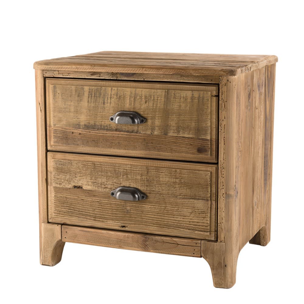 Mesa de noche de 2 cajones de madera de pino reciclada marrón