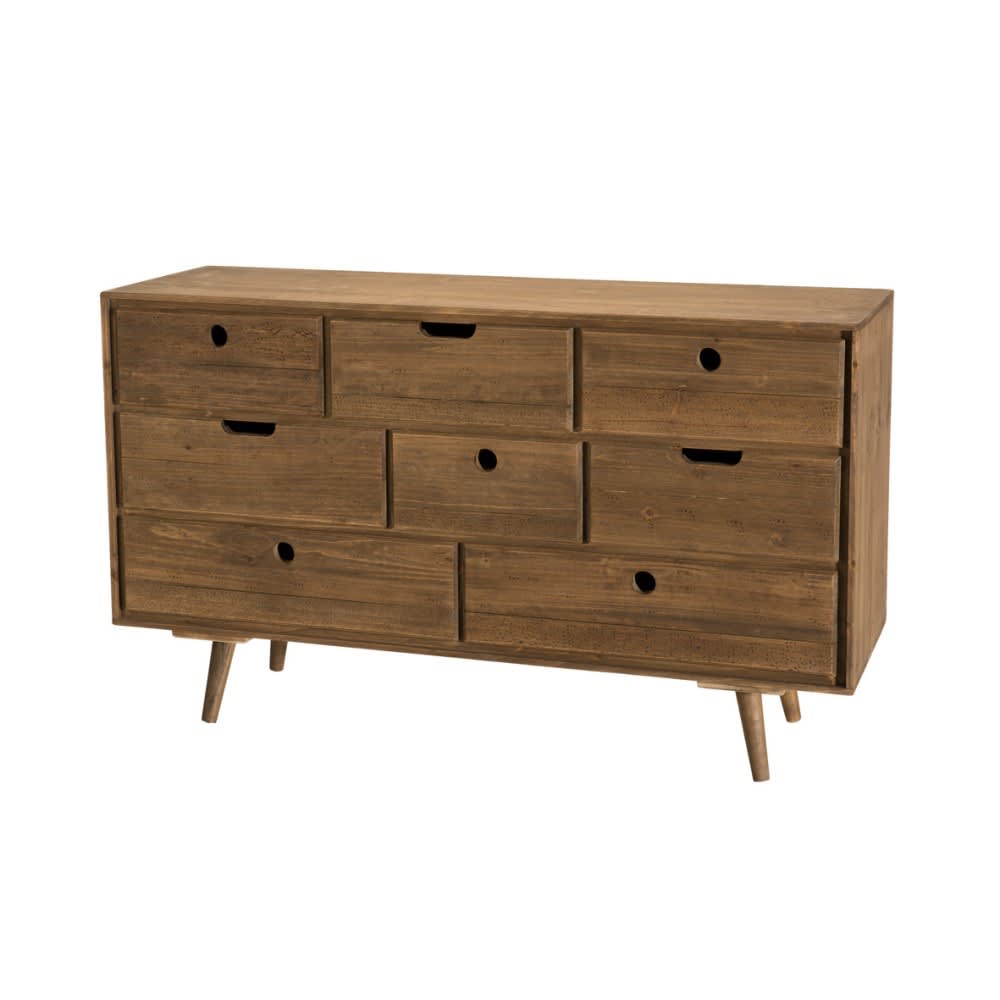 Cómoda nórdica de madera de abeto marrón de 8 cajones