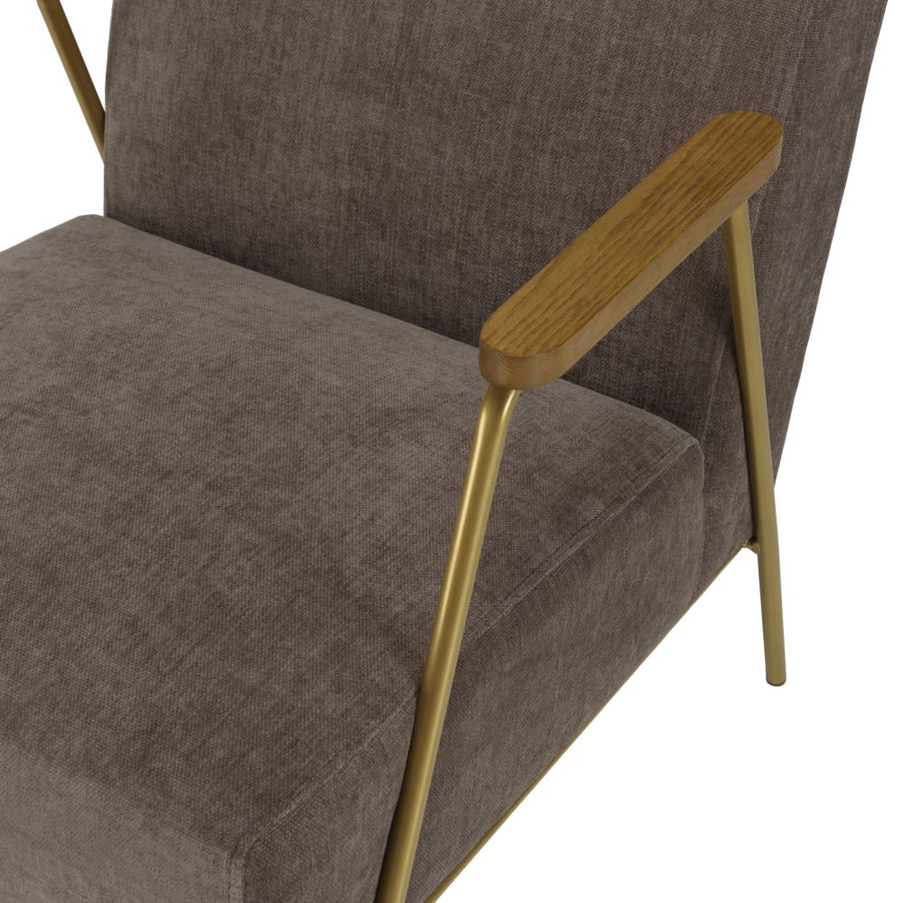Fauteuil lounge tissu taupe métal doré accoudoirs bois