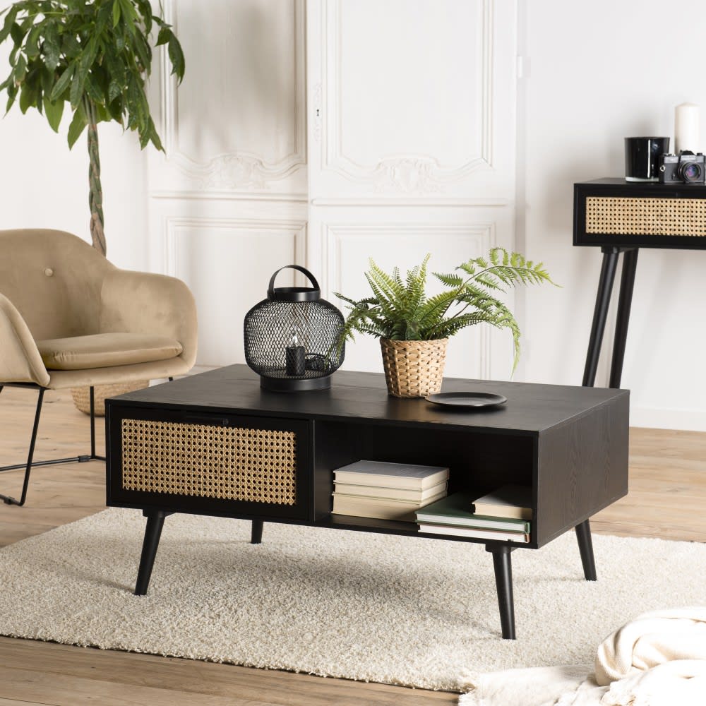 Mesa de centro cuadrada de madera de mango marrón y rejilla natural - Maisons du Monde