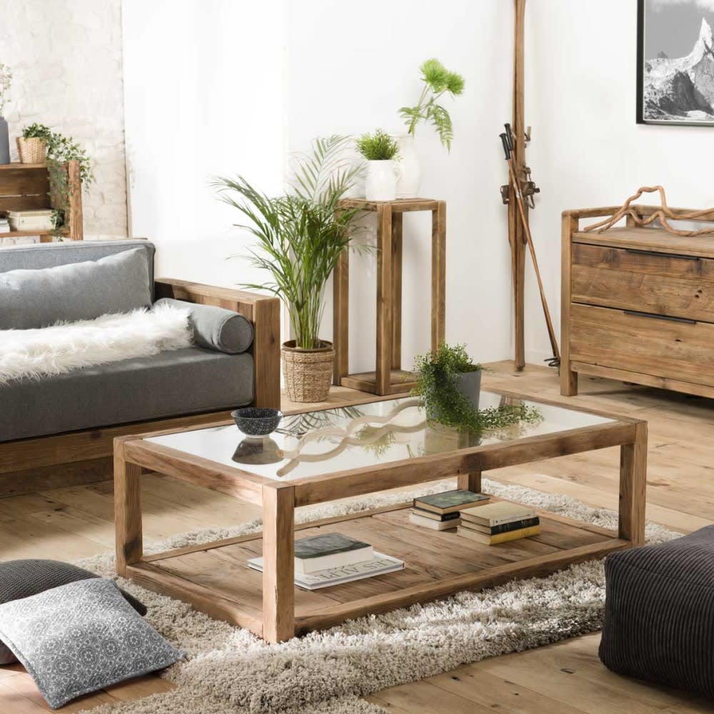 Table basse 1 plateau verre 1 plateau bois en pin recyclé L140
