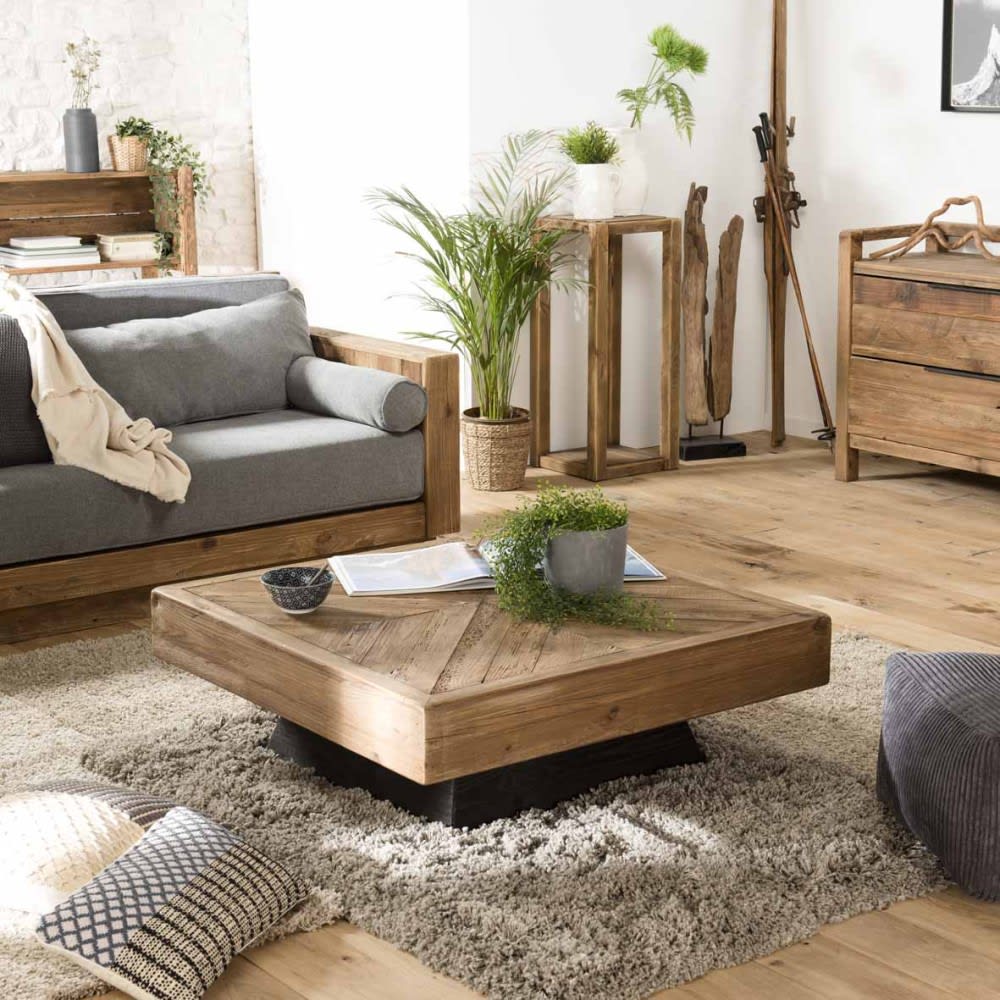 Table basse carrée en pin recyclé piètement noir l99 - Maisons du Monde