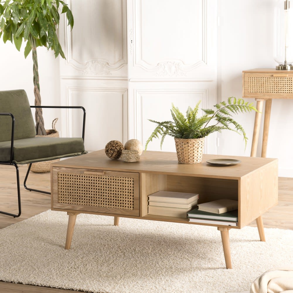 Table basse 1 niche 2 tiroirs en pin cannage couleur naturelle l100 - Maisons du Monde