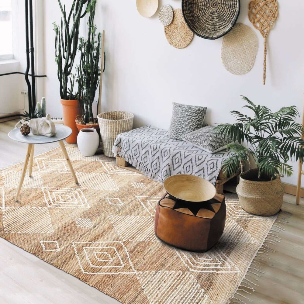 Tapis en chanvre avec motifs losanges en laine épaisse naturel 120x170 — vue 3