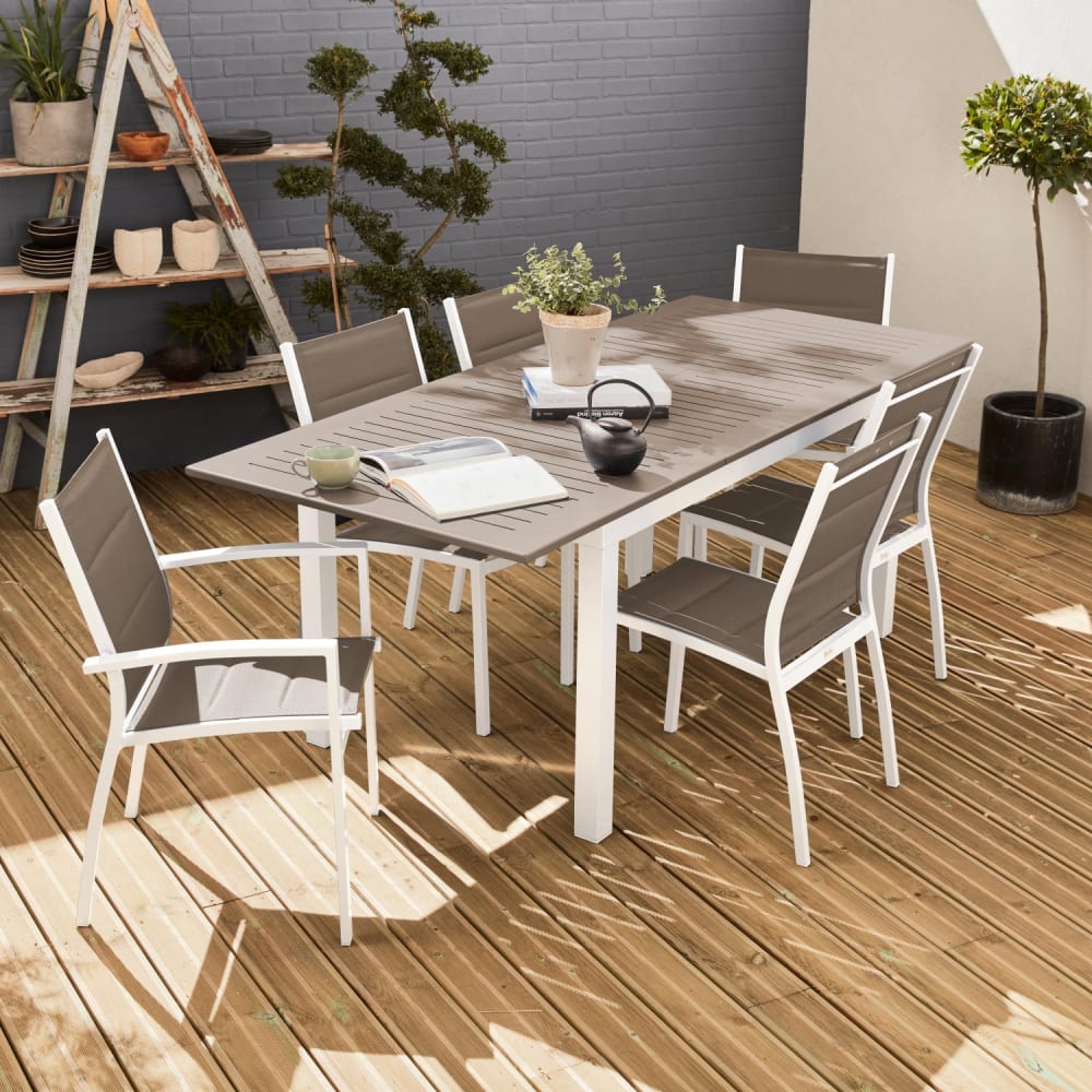 Set tavolo da giardino allungabile in alluminio con 6 sedie, bianco - Alluminio
