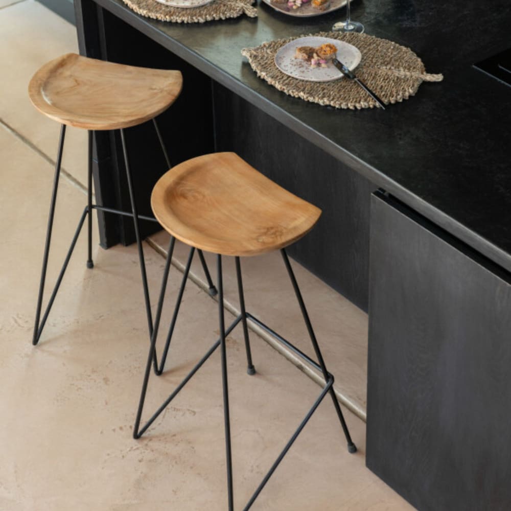 Lot de 2 tabouret de bar en teck et métal