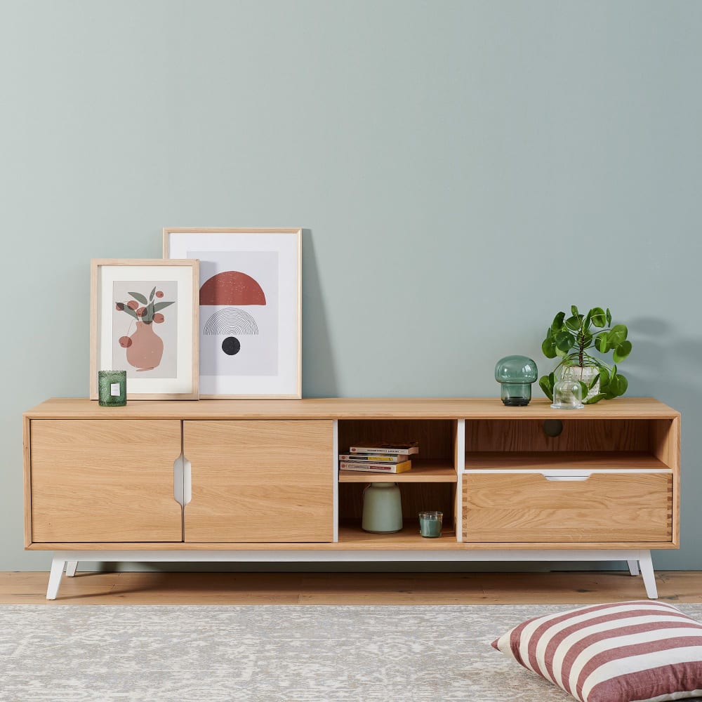Hellin Meuble tv bas nordique en bois 3 portes 3 niches blanc Blanc Bois - 185x55x44cm