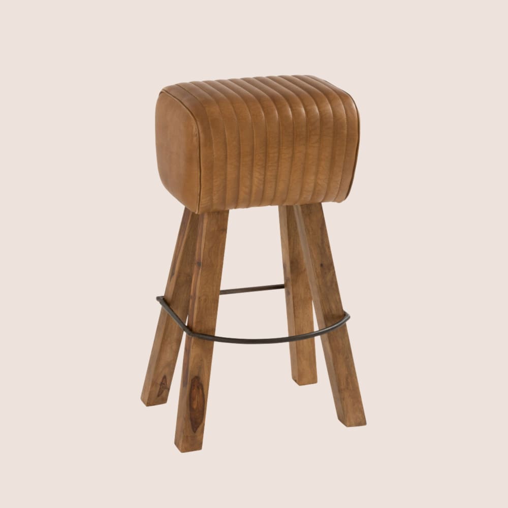 Tabouret de bar saut de cheval en bois et cuir