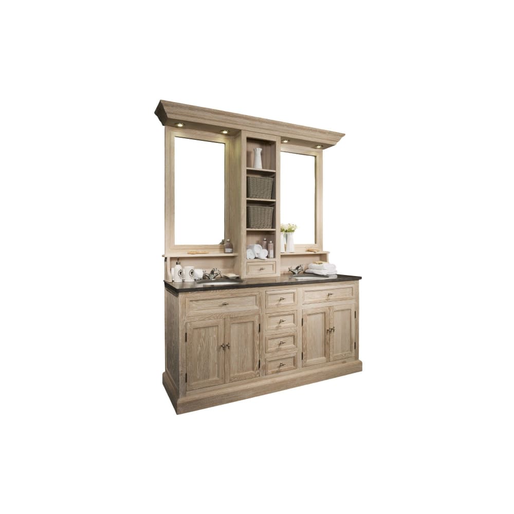 Meuble de salle de bain double vasque en chêne massif et sa crédence