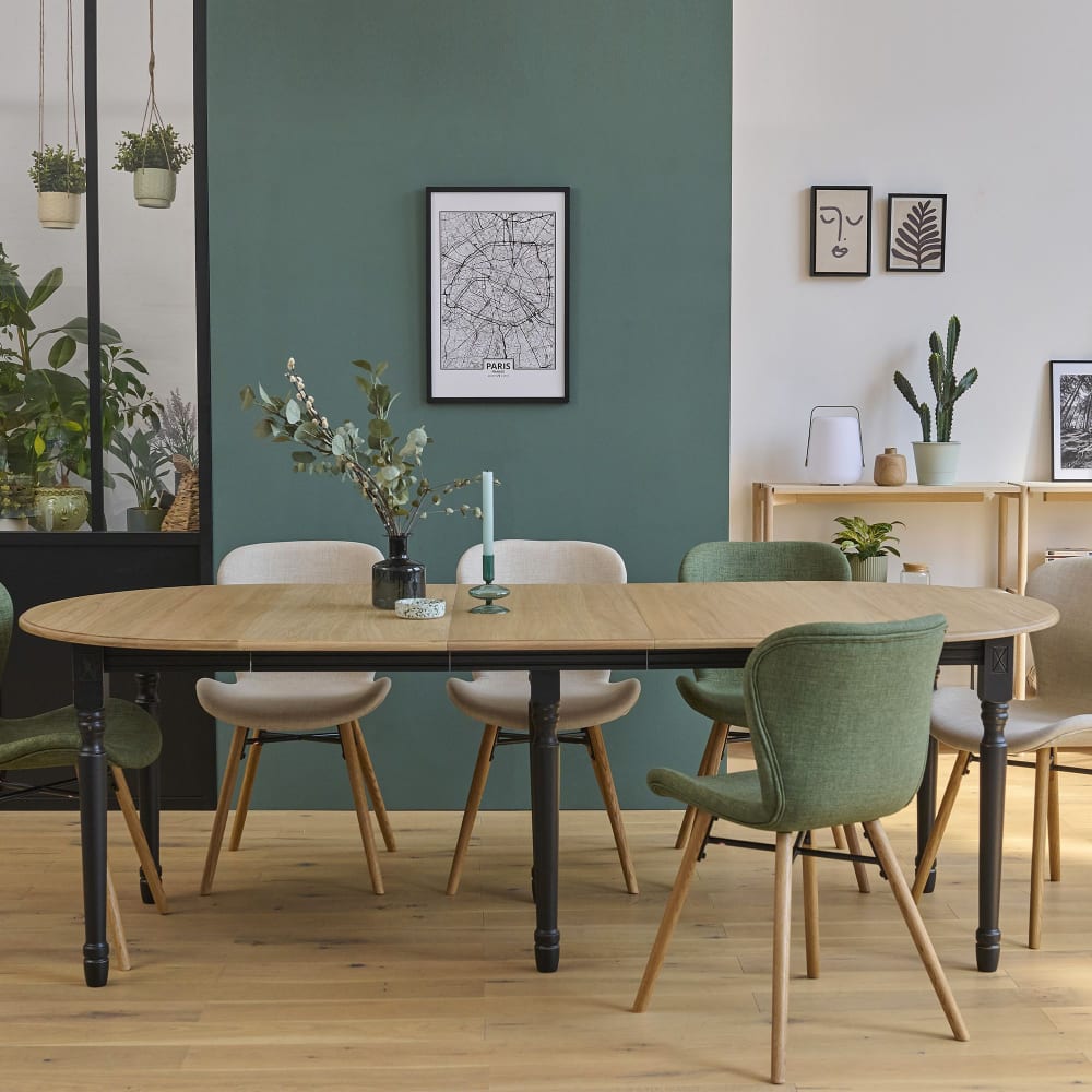 Table ronde en bois 6 pieds tournés D105 + 3 rallonges bois noir