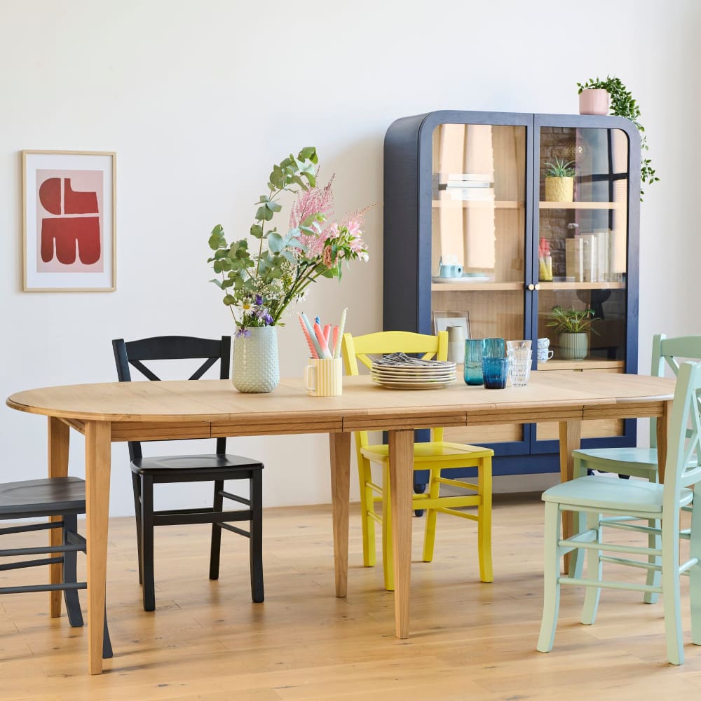 Table ronde 6 pieds fuseau D105 + 3 rallonges bois