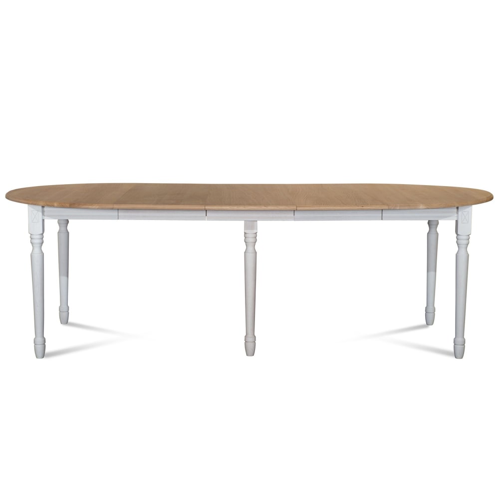Table ronde en bois 6 pieds tournés D105 + 3 rallonges bois blanc