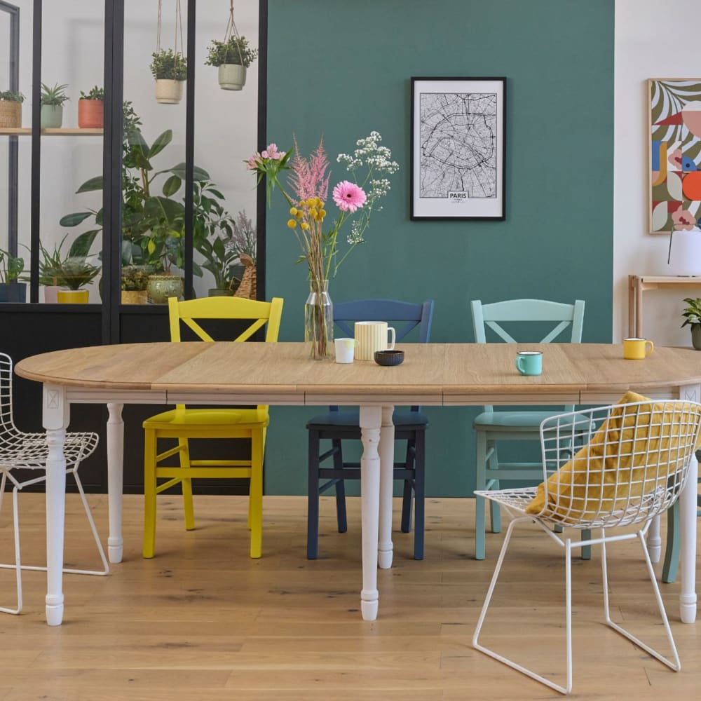 Table ronde en bois 6 pieds tournés D105 + 3 rallonges bois