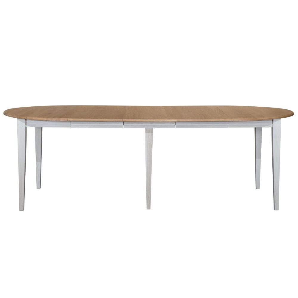 Table ronde 6 pieds fuseau D115 + 3 rallonges bois blanc