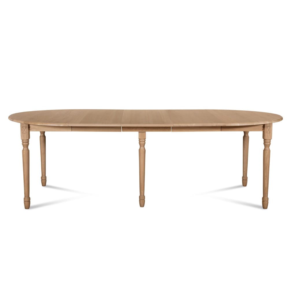 Table ronde 6 pieds tournés D115 + 3 rallonges bois chêne