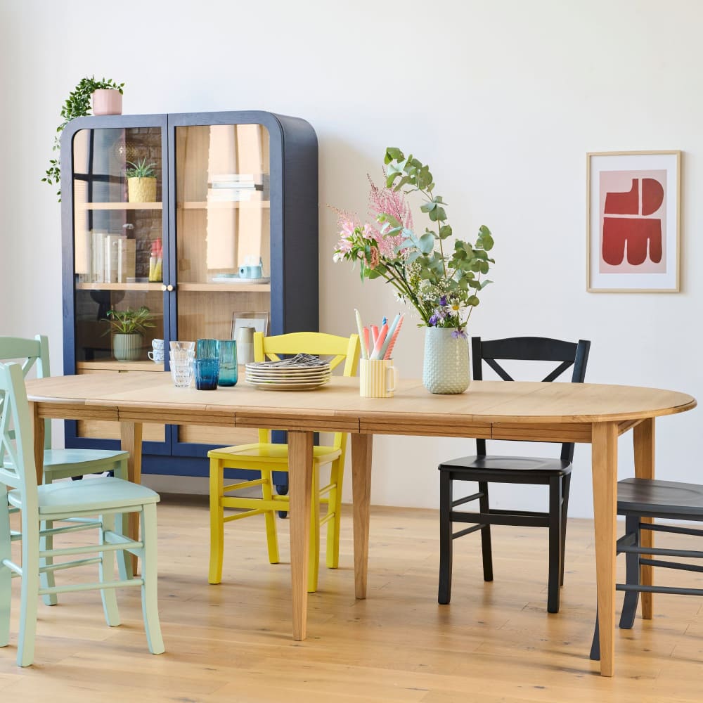 Table ronde 6 pieds fuseau D115 + 3 rallonges bois