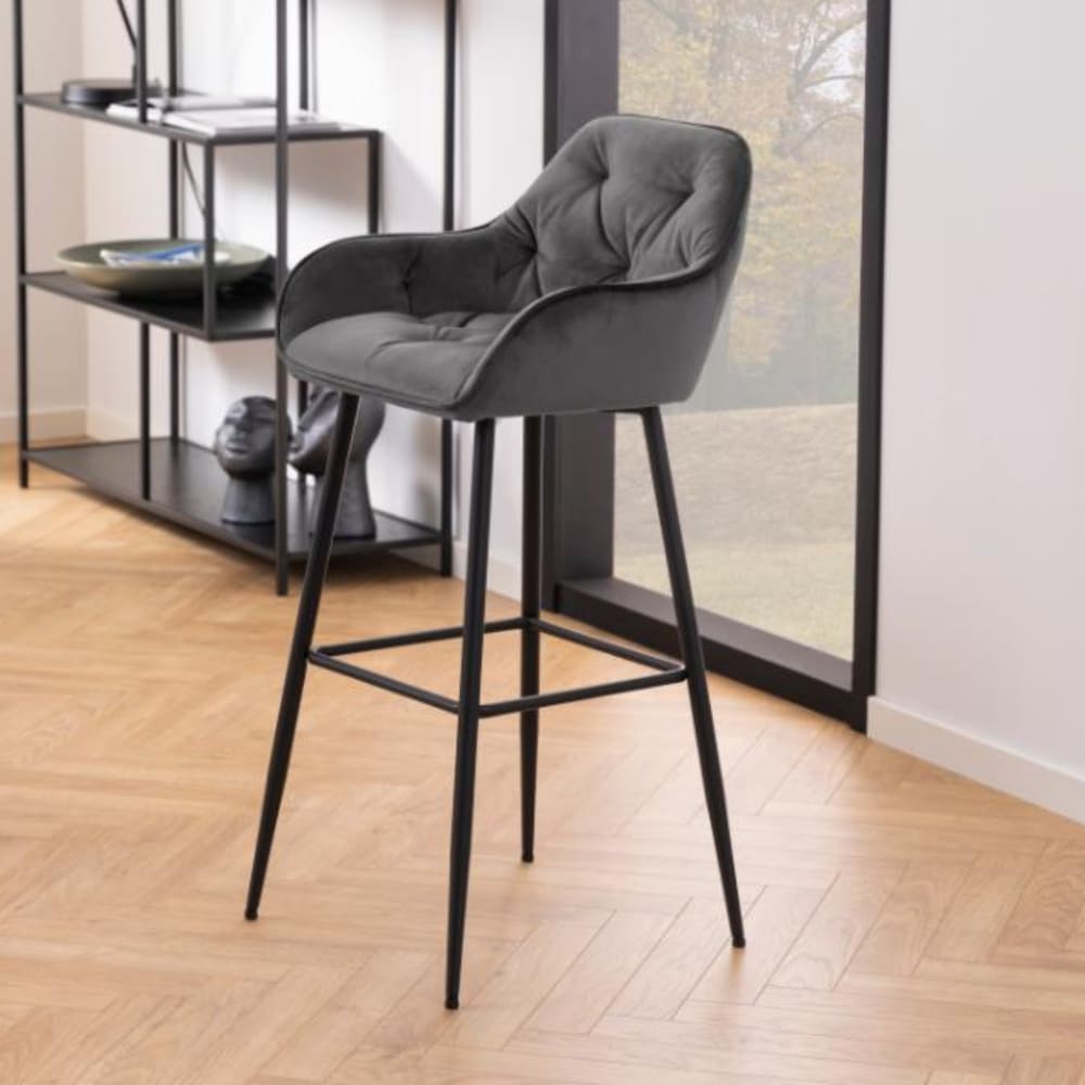Lot de 2 tabouret haut avec accoudoirs en velours et métal gris - Maisons du Monde