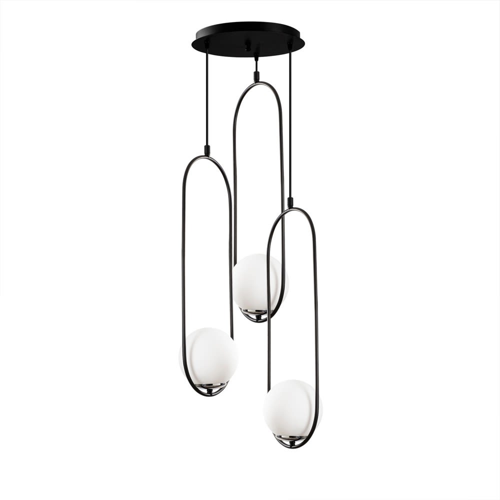 Suspension avec 3 structures ovales et sphères en verre