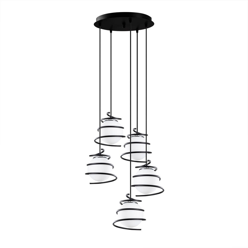 Lámpara de techo 5 luces con esferas rodeado de espirales negros