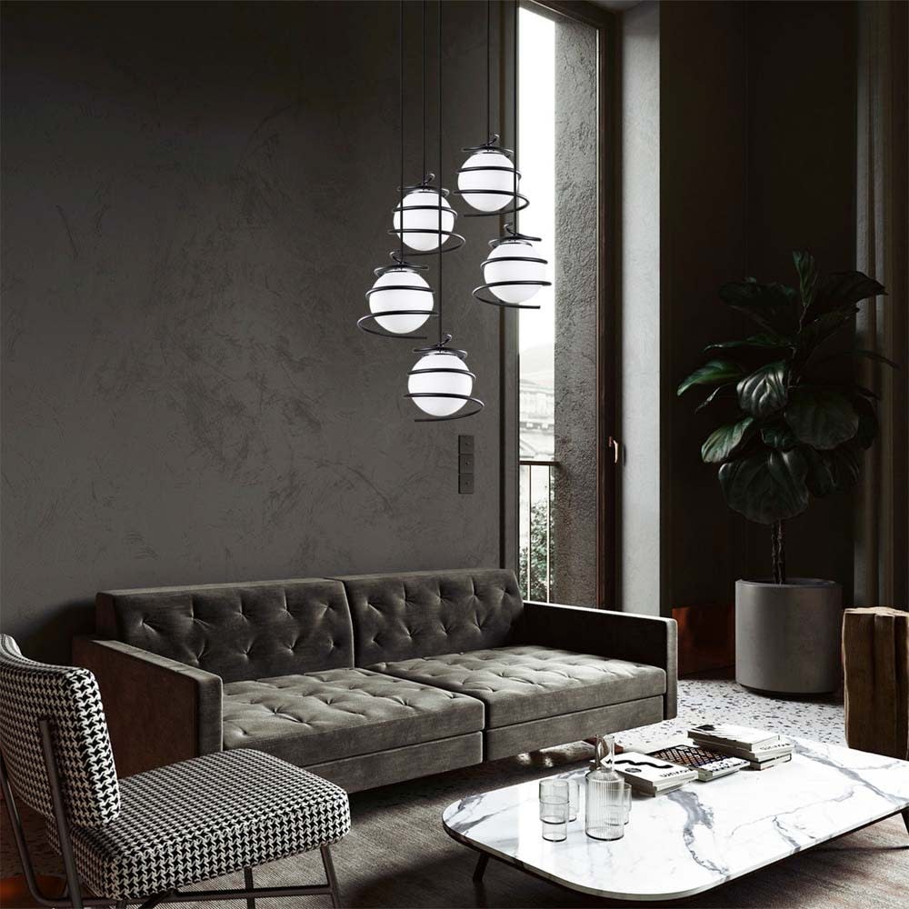 Lampada a sospensione 5 luci con sfere contornate da spirali nero