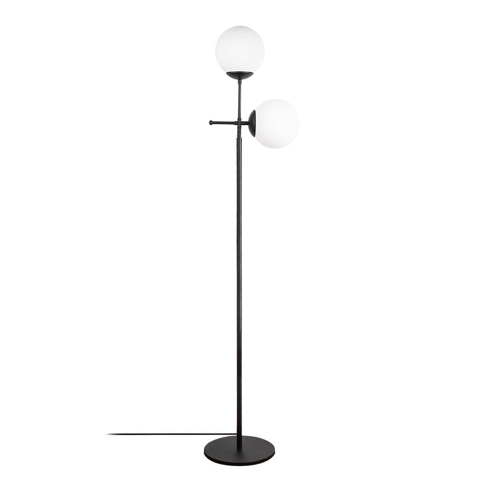 Lampadaire noir 2 lumières avec sphères en verre blanc