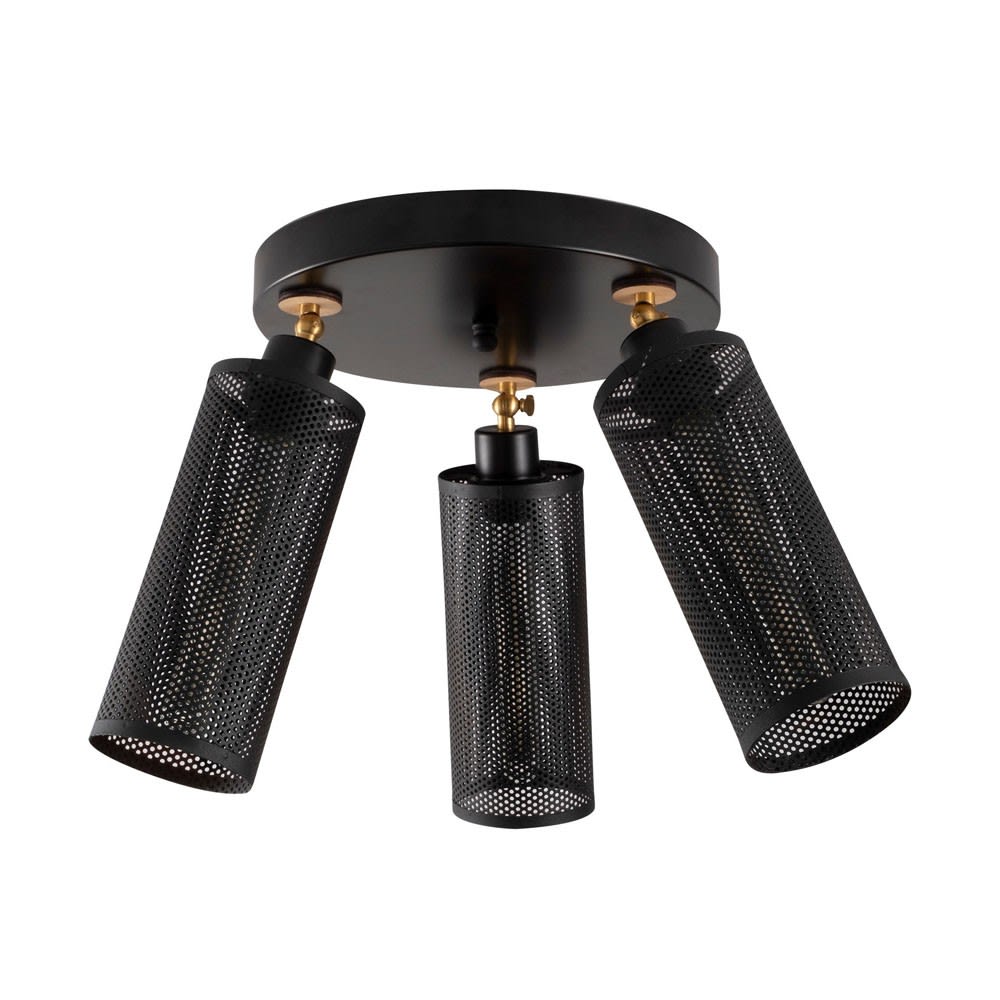 Plafón de techo negro 3 luces pantallas cilíndricas y base redondeada