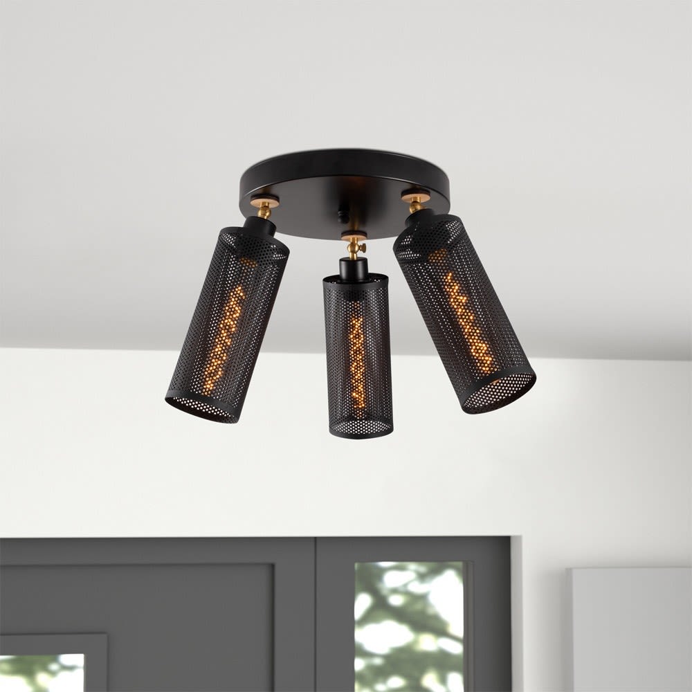 Plafonnier noir 3 lumières avec abat-jour cylindrique et base arrondie - Maisons du Monde