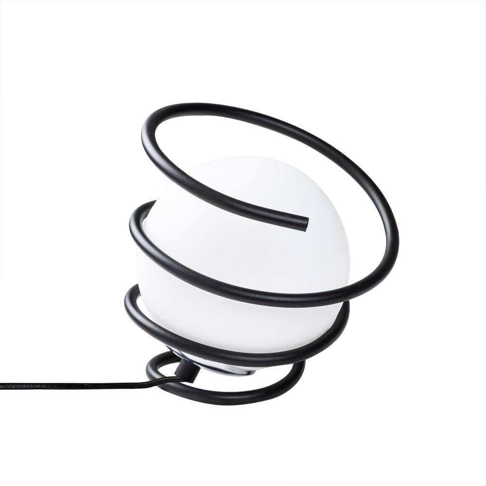 Lámpara de mesa esfera de cristal blanco rodeado de una espiral negro