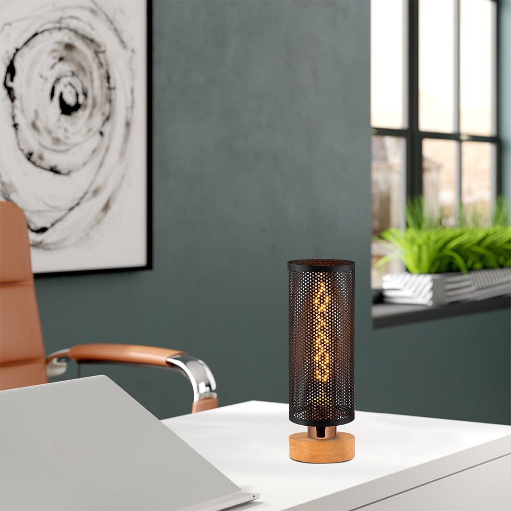 Lampe de table moderne avec base en bois et écran en maille métallique - Maisons du Monde