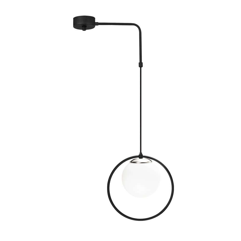 Lámpara colgante negro en forma de aro con esfera de cristal opal