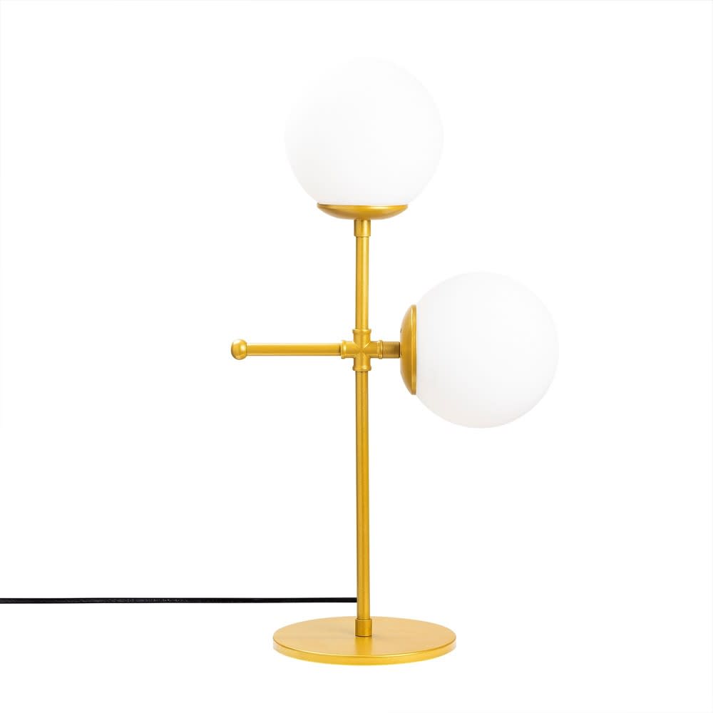 Lámpara de mesa dorado 2 luces con esferas de cristal blanco