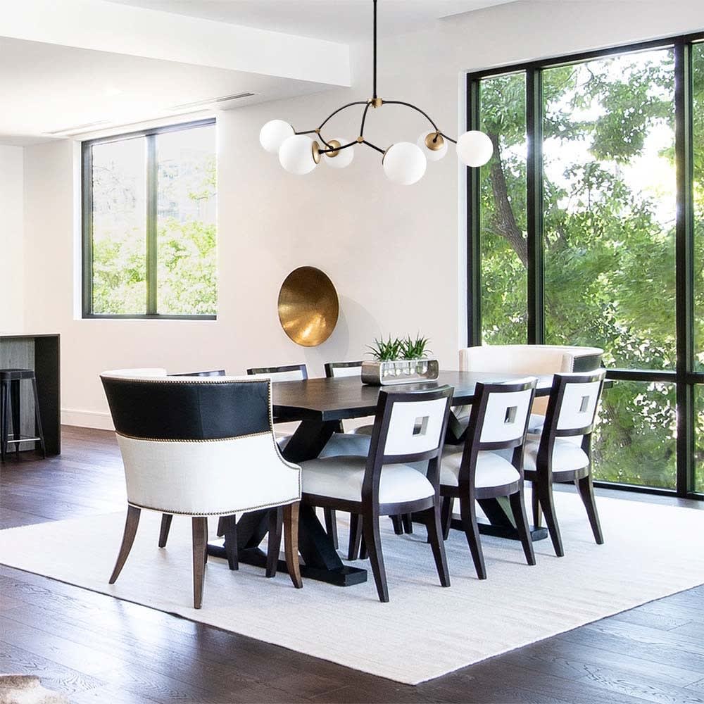 Suspension noir 6 lumières avec abat-jour en verre opale blanc