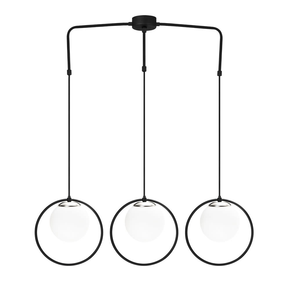 Regleta techo 3 luces negro forma de aro con esfera de cristal opal