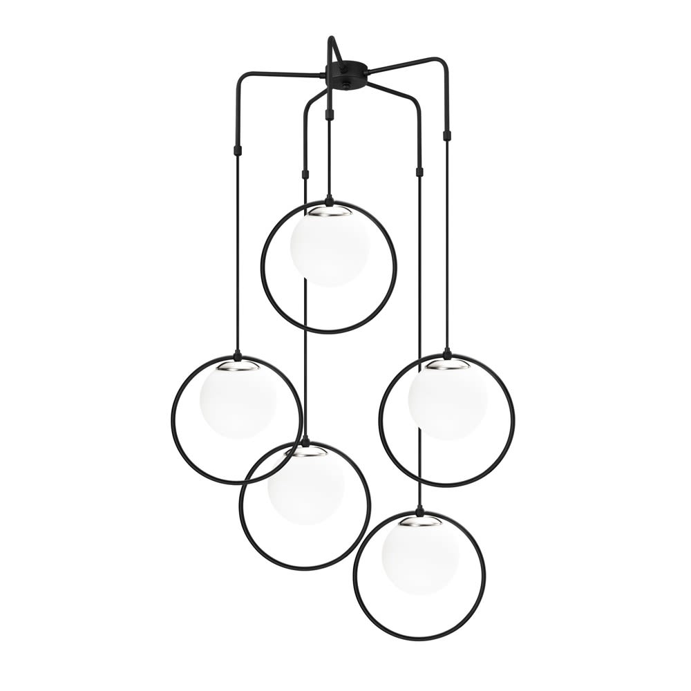 Lámpara techo techo 5 luces negro forma de aro con esfera de cristal