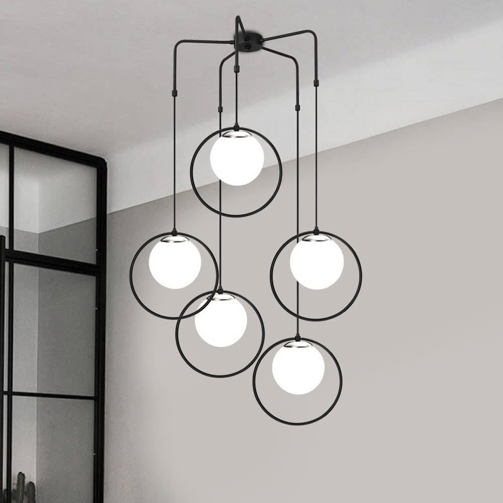 Lámpara techo techo 5 luces negro forma de aro con esfera de cristal - Maisons du Monde