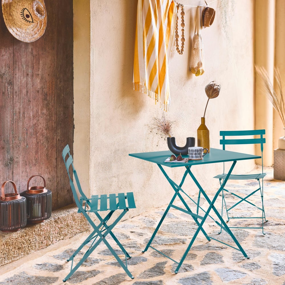 Table et chaises de jardin pliables 70 x 70cm, bleu canard