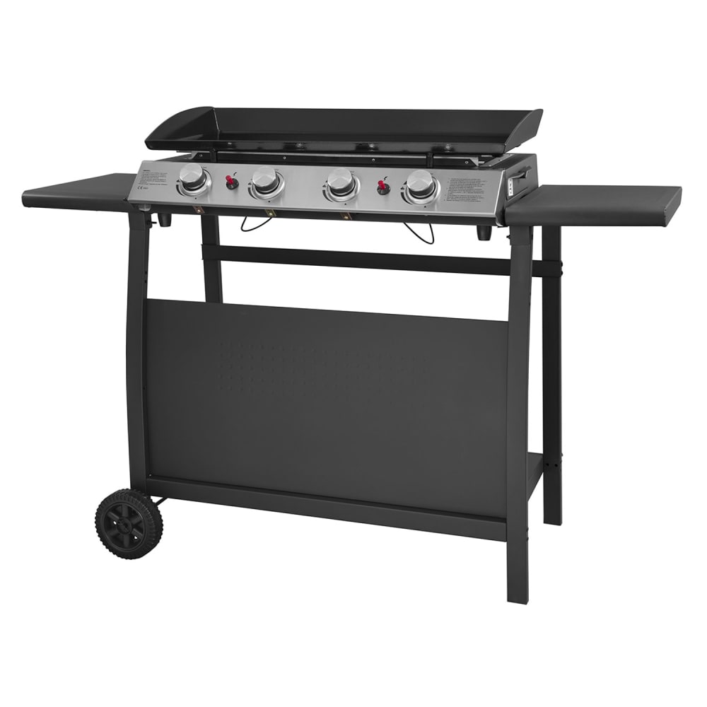 Plancha au gaz 4 brûleurs en acier noire sur chariot