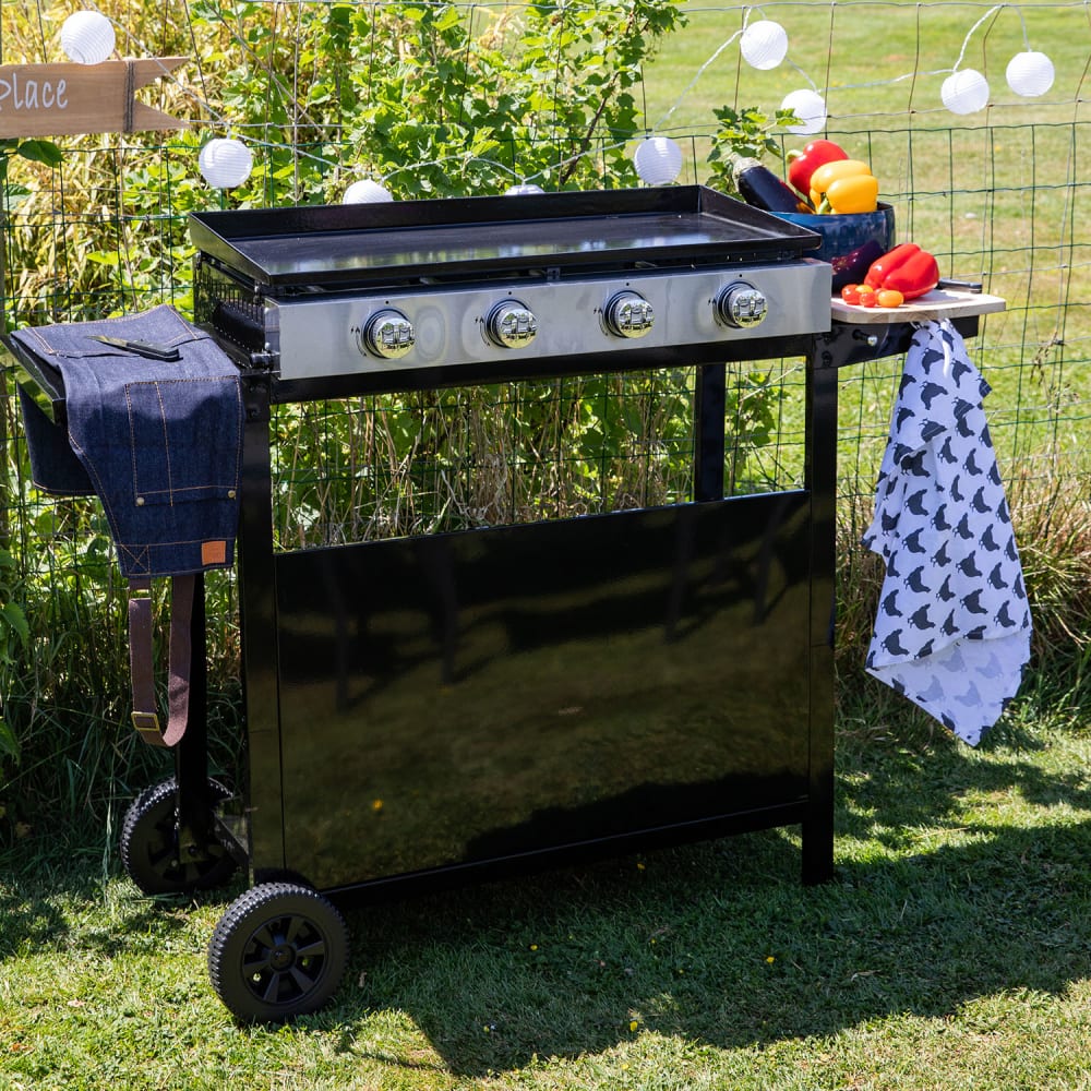 Plancha au gaz 4 brûleurs plaque en fonte noire sur chariot