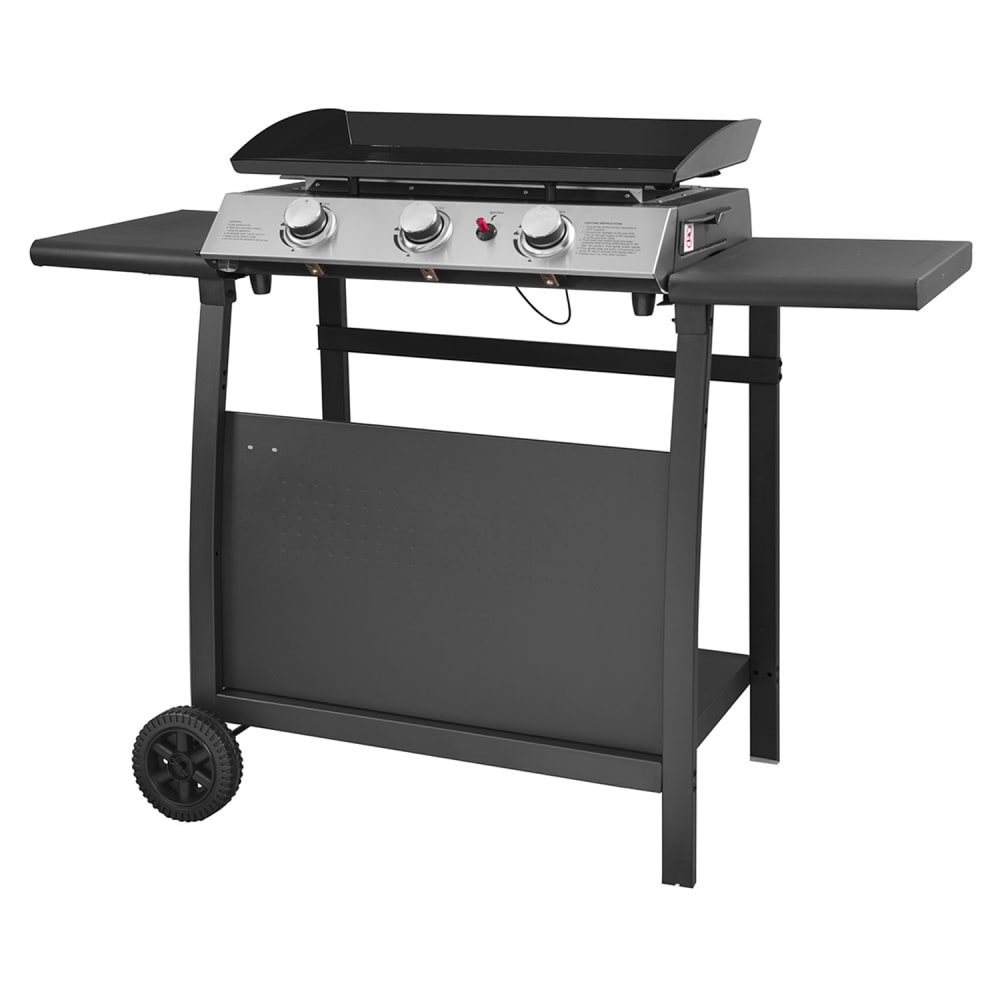 Plancha au gaz 3 brûleurs en acier noire sur chariot