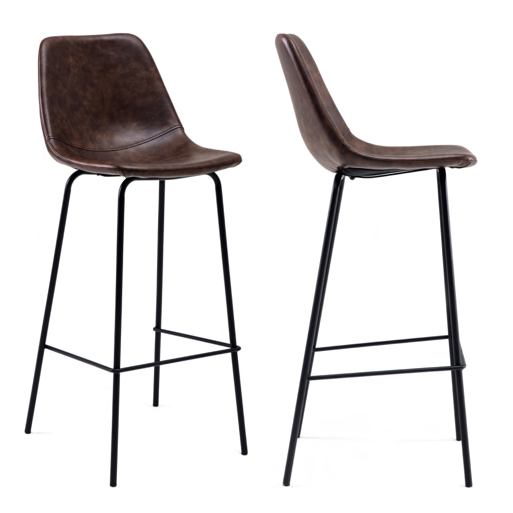 Lot de 2 tabourets de bar vintage 75cm en simili cuir marron