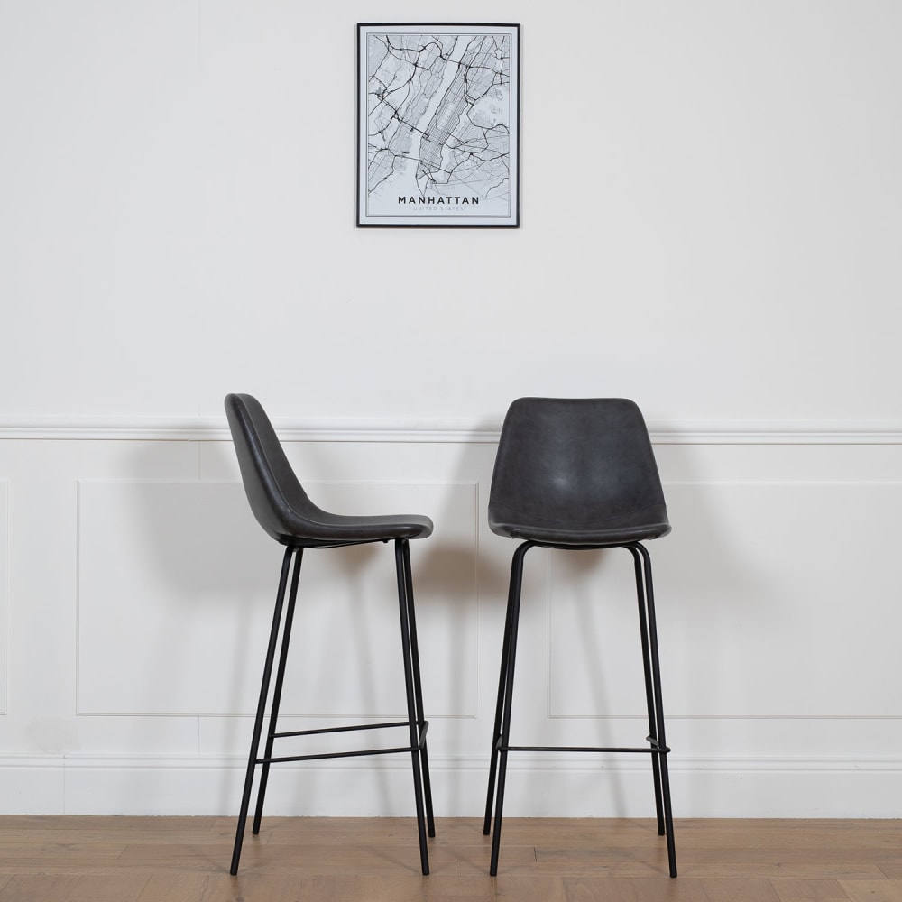 Lot de 2 tabourets de bar vintage 75cm en simili cuir gris