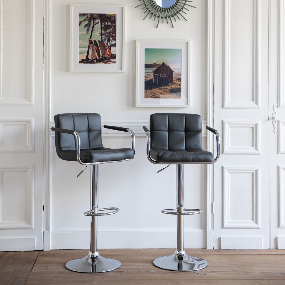 Lot de 2 tabourets de bar avec accoudoirs simili cuir gris