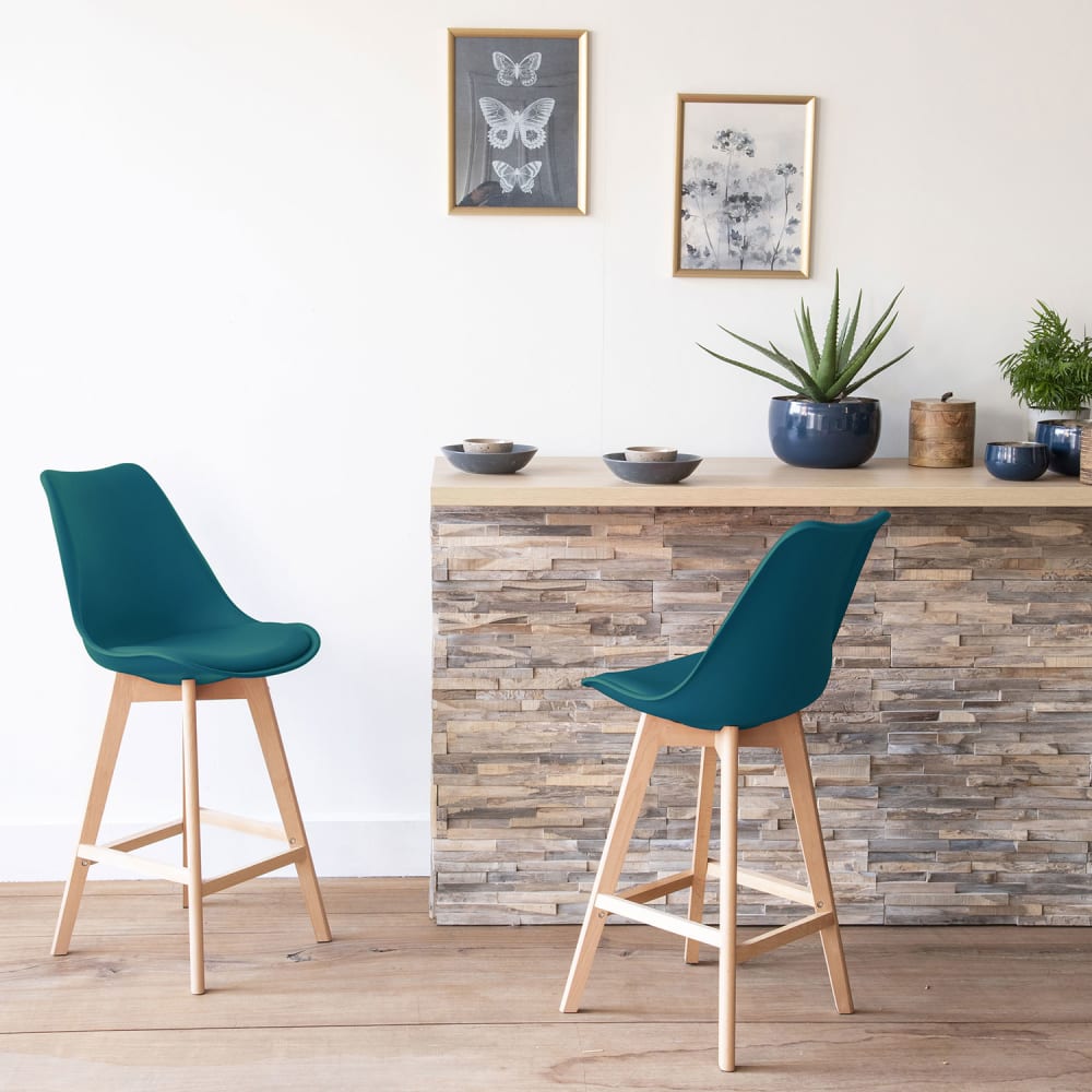 Lot de 2 tabourets style scandinave bleu et bois de hêtre